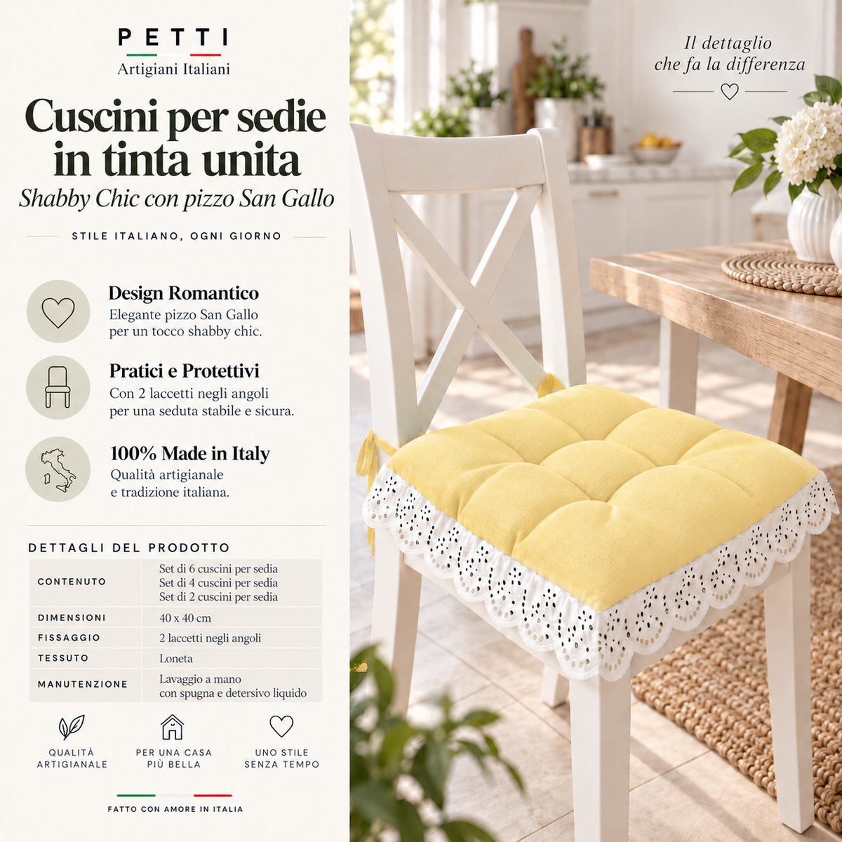 Cuscini per Sedie Quattro Punti in Tinta Unita Shabby Chic con Pizzo San Gallo Giallo