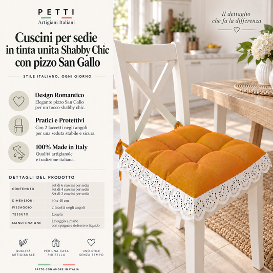 Cuscini per Sedie Quattro Punti in Tinta Unita Shabby Chic con Pizzo San Gallo Arancione