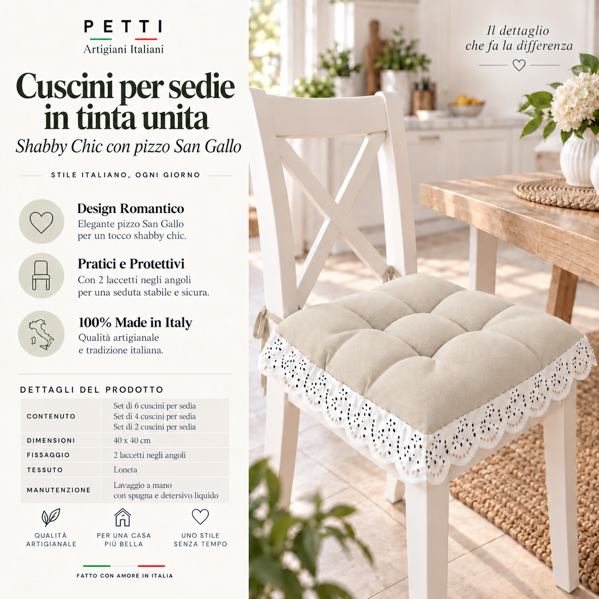 Cuscini per Sedie Quattro Punti in Tinta Unita Shabby Chic con Pizzo San Gallo Beige