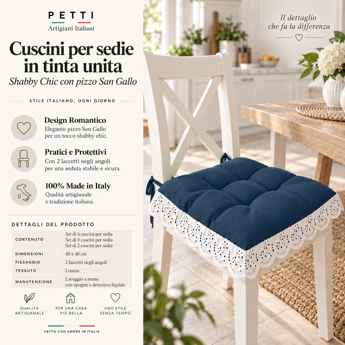 Cuscini per Sedie Quattro Punti in Tinta Unita Shabby Chic con Pizzo San Gallo Blu Notte