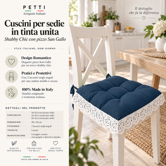 Cuscini per Sedie Quattro Punti in Tinta Unita Shabby Chic con Pizzo San Gallo Blu Notte