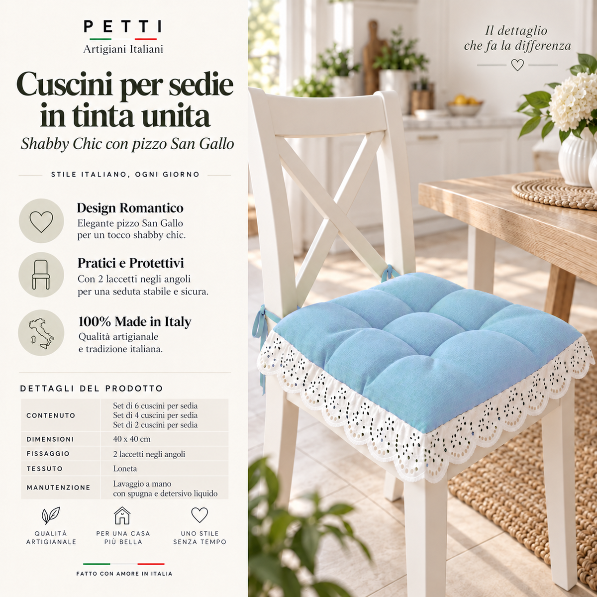 Cuscini per Sedie Quattro Punti in Tinta Unita Shabby Chic con Pizzo San Gallo Celeste