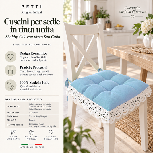 Cuscini per Sedie Quattro Punti in Tinta Unita Shabby Chic con Pizzo San Gallo Celeste