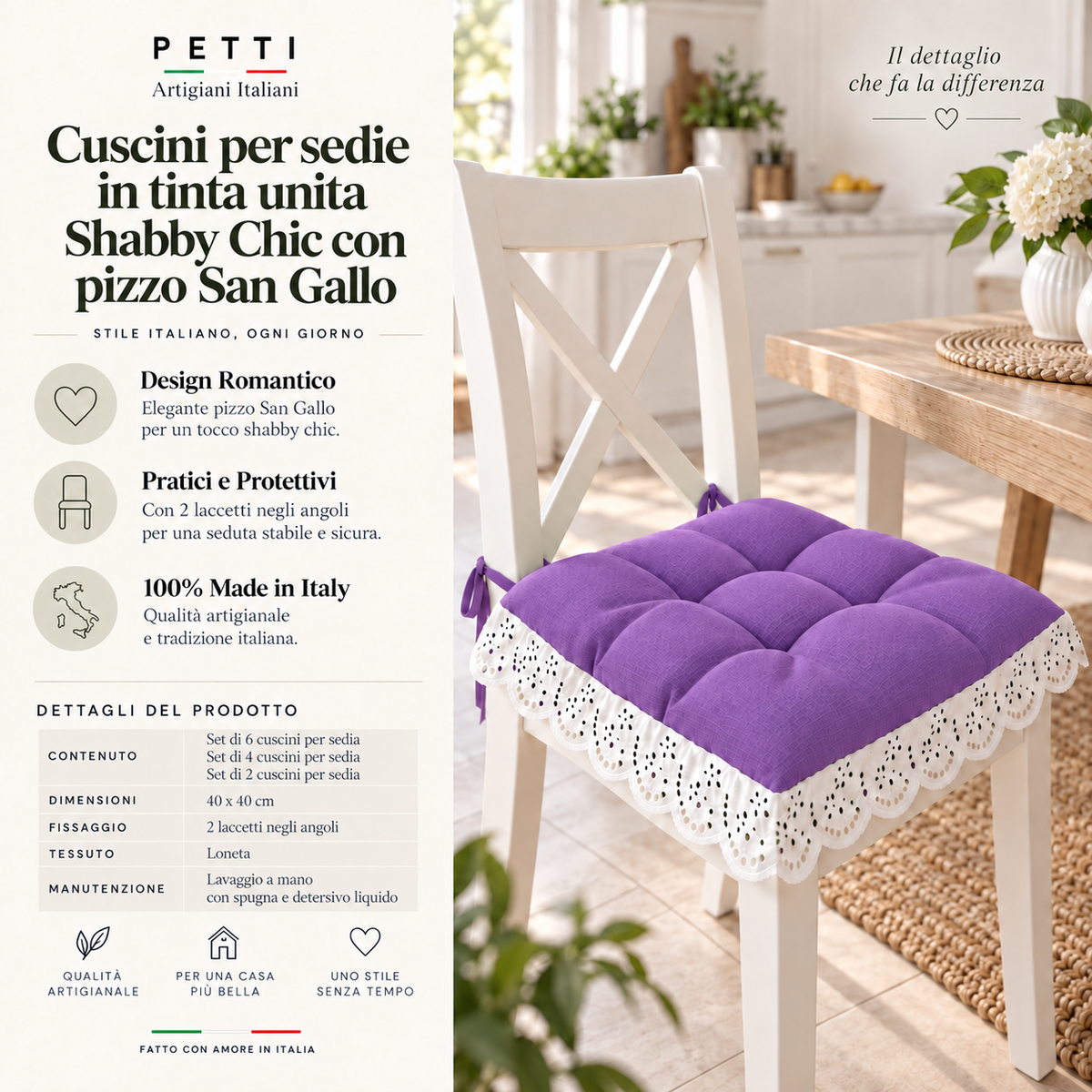 Cuscini per Sedie Quattro Punti in Tinta Unita Shabby Chic con Pizzo San Gallo Lilla