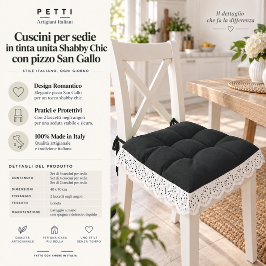 Cuscini per Sedie Quattro Punti in Tinta Unita Shabby Chic con Pizzo San Gallo Nero