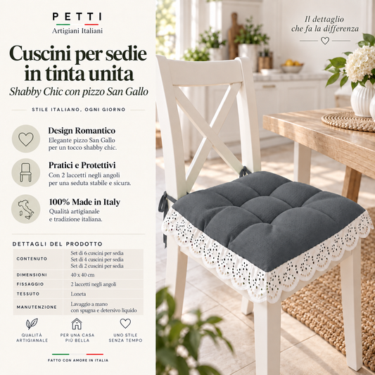 Cuscini per Sedie Quattro Punti in Tinta Unita Shabby Chic con Pizzo San Gallo Grigio Scuro