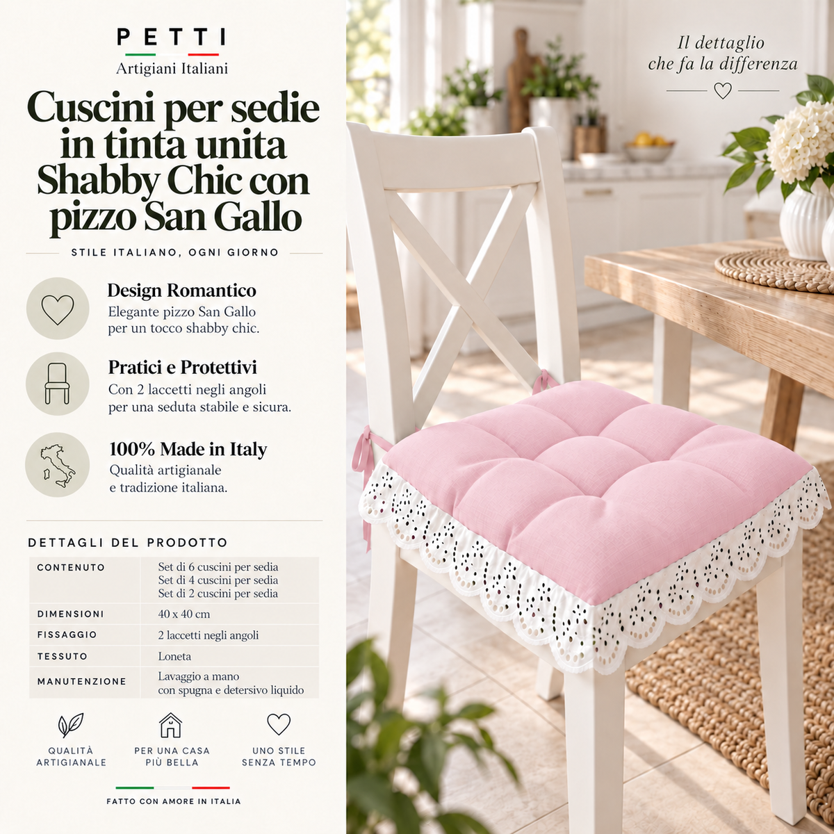 Cuscini per Sedie Quattro Punti in Tinta Unita Shabby Chic con Pizzo San Gallo Rosa