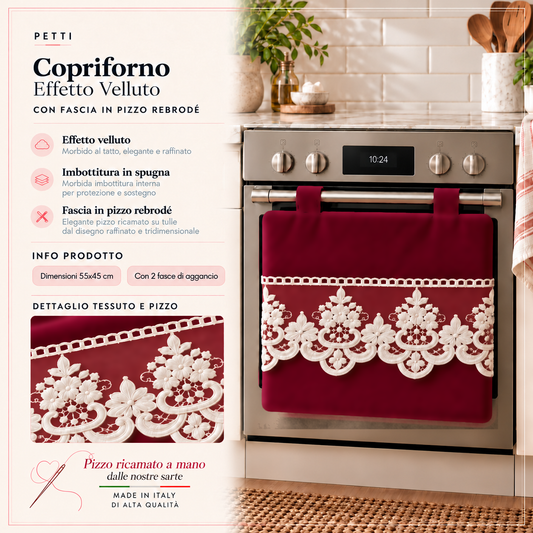Copriforno Tinta Unita in Velluto con Pizzo Rebrode Bordeaux