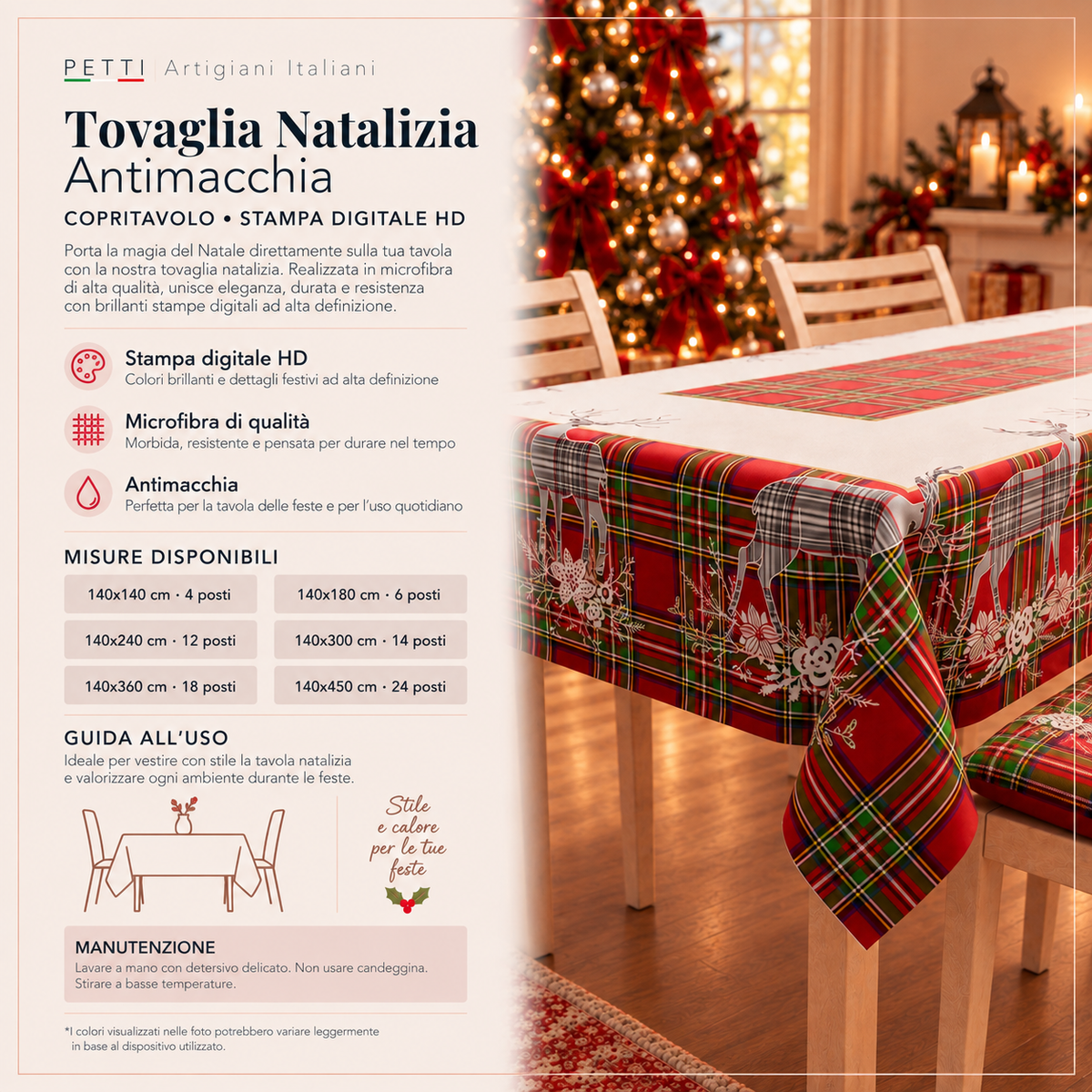 Tovaglia Natalizia, Tovaglia da tavola Antimacchia, Copritavolo da Cucina Renna Beige