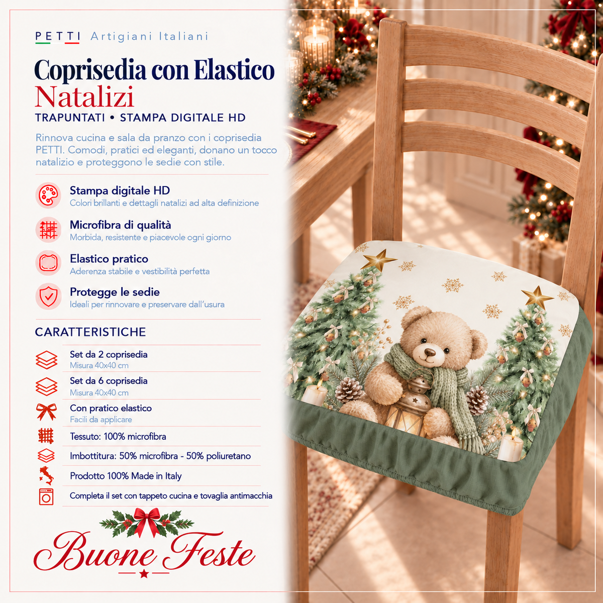 Coprisedia Natalizi con Elastico in Stampa Digitale Teddy Gold