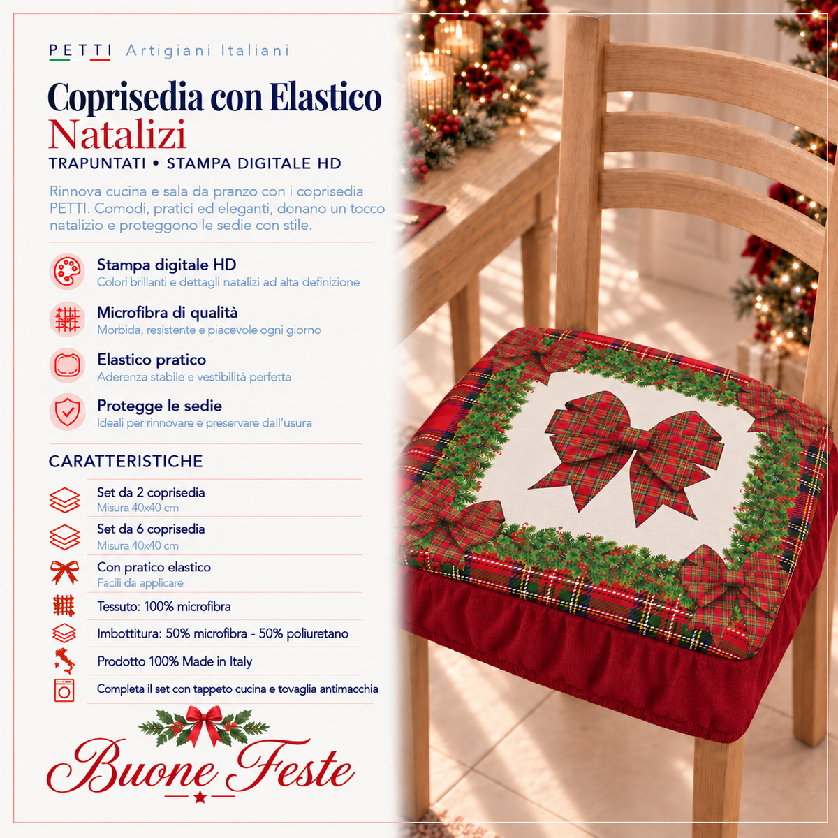 Coprisedia Natalizi con Elastico in Stampa Digitale Fiocco Tartan