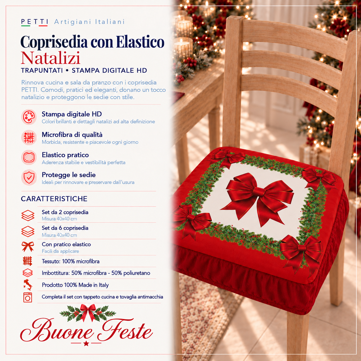 Coprisedia Natalizi con Elastico in Stampa Digitale Fiocco Rosso