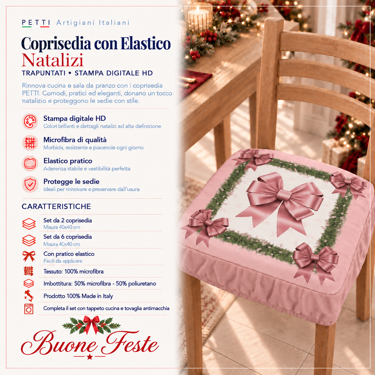 Coprisedia Natalizi con Elastico in Stampa Digitale Fiocco Rosa Piume