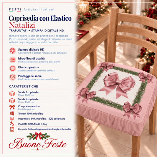 Coprisedia Natalizi con Elastico in Stampa Digitale Fiocco Rosa Piume