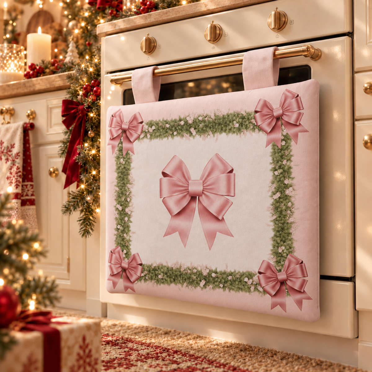 Housse de four de Noël pour cuisine en impression numérique Noeud Rose Plumes