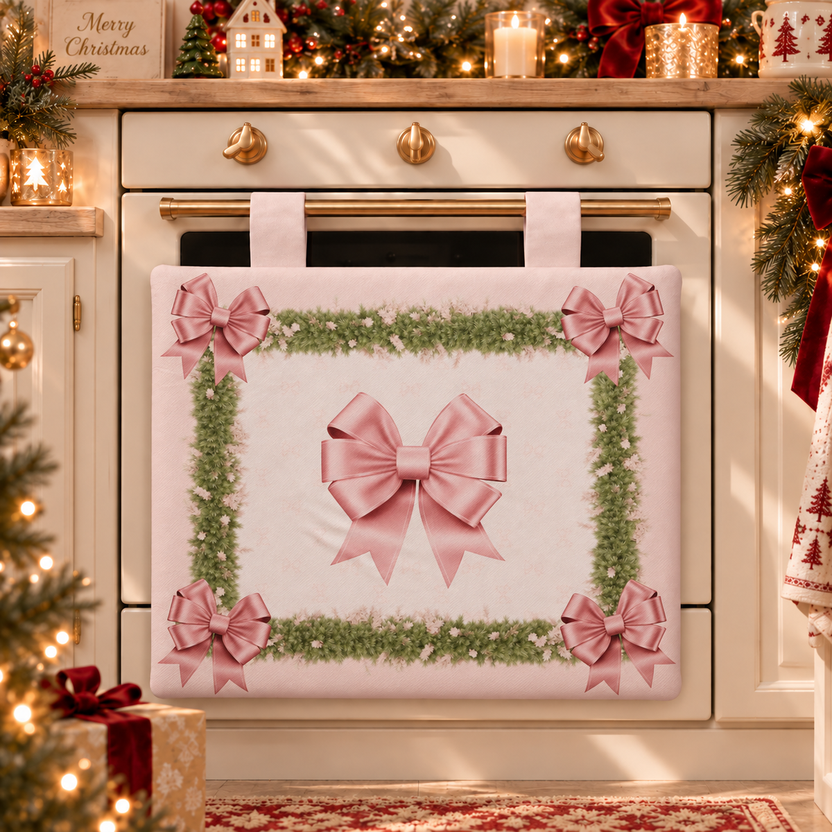 Housse de four de Noël pour cuisine en impression numérique Noeud Rose Plumes