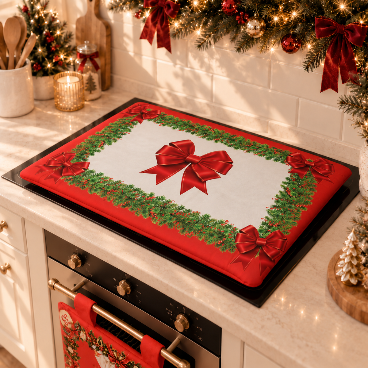Housse de plaque de cuisson de Noël pour cuisine en impression numérique Noeud Rouge