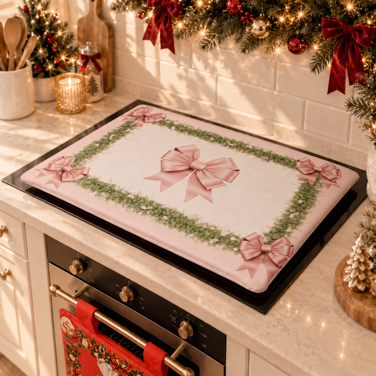 Coprifornello Natalizio Coprifuochi Cucina in Stampa Digitale Fiocco Rosa Piume