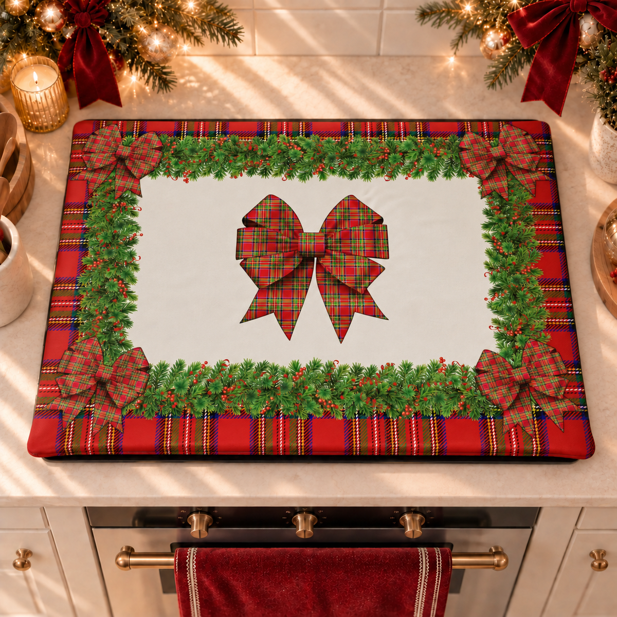 Housse de plaque de cuisson de Noël Housse de protection de feu de cuisine en impression numérique Noeud Tartan, motif écossais