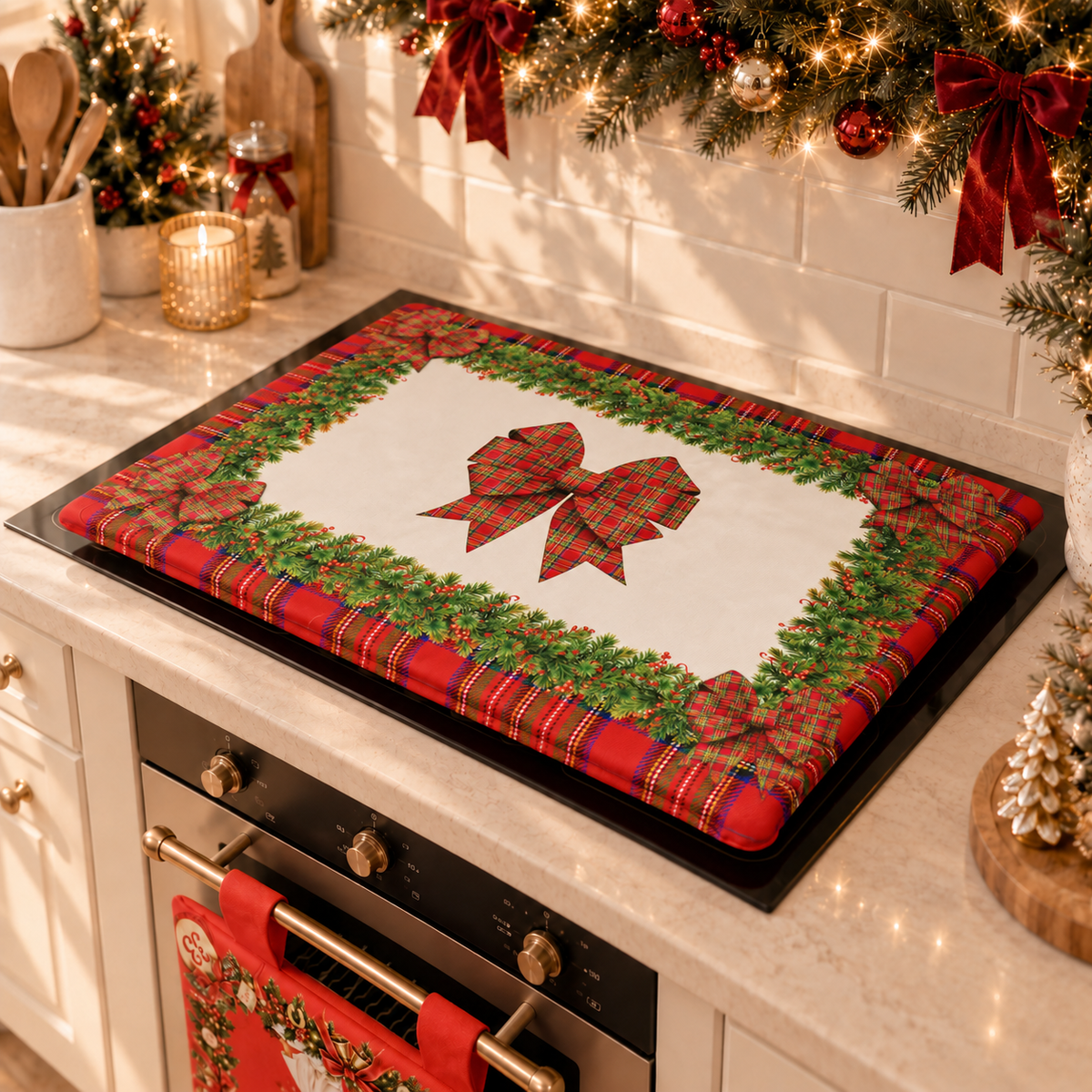 Housse de plaque de cuisson de Noël Housse de protection de feu de cuisine en impression numérique Noeud Tartan, motif écossais