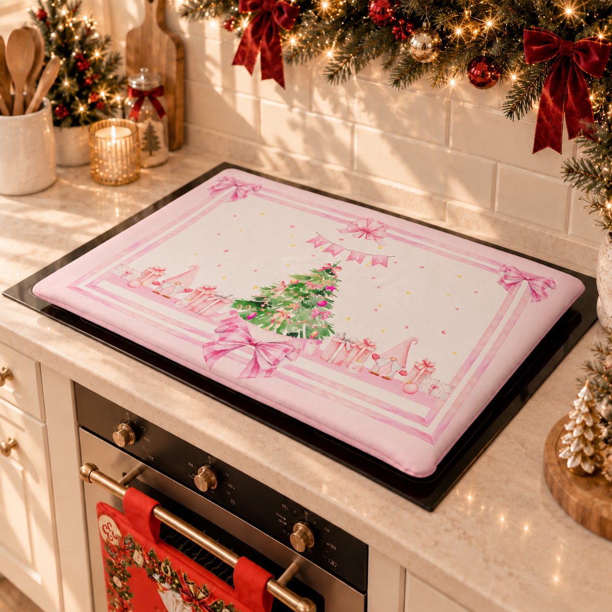 Coprifornello Natalizio Coprifuochi Cucina in Stampa Digitale Gnomo Rosa