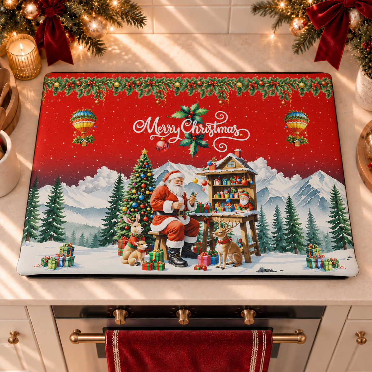 Housse de Plaque de Cuisson de Noël pour Cuisine en Impression Numérique Santa Village