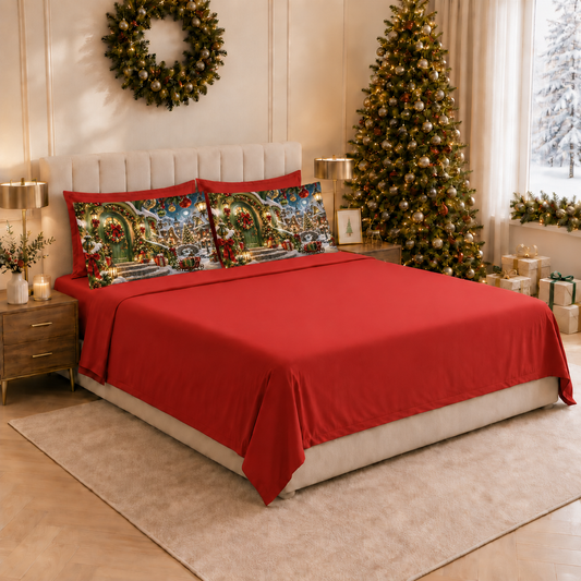 Lenzuola Natalizie in Cotone, Completo Letto con Federe in Stampa Digitale Grinch Rosso