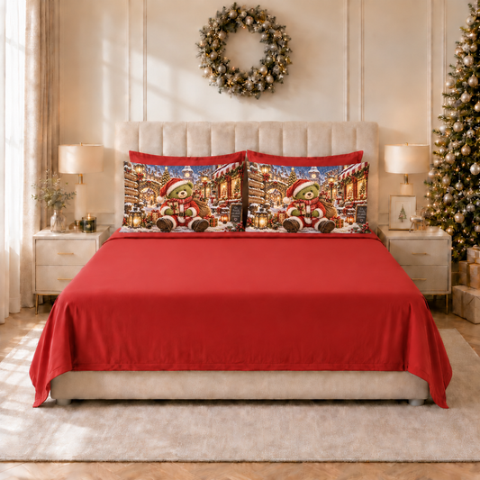 Lenzuola Natalizie in Cotone, Completo Letto con Federe in Stampa Digitale Grinch 02 Rosso