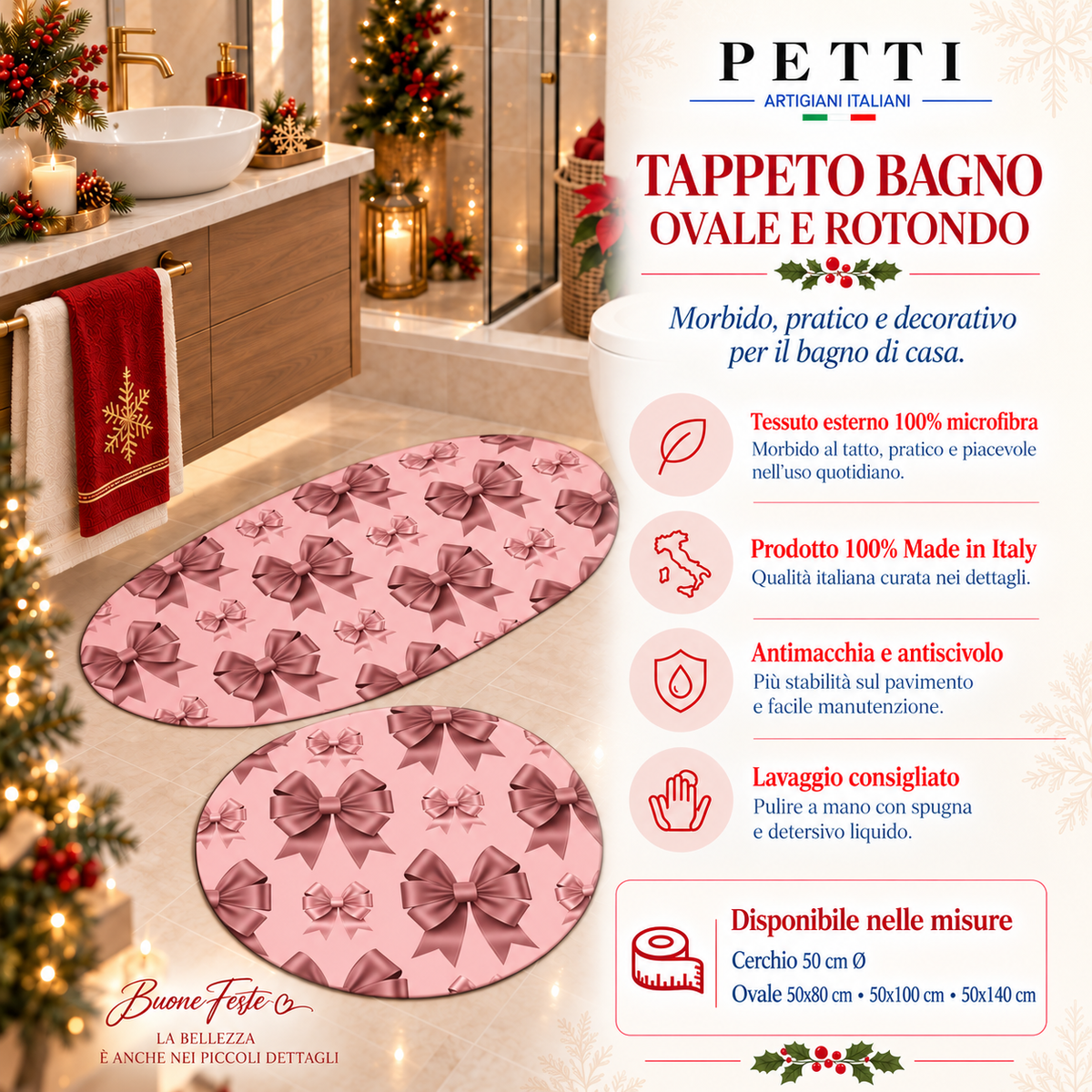 Tappeto Bagno Stampa Digitale Natalizio Forma Ovale Fiocco Rosa Piume