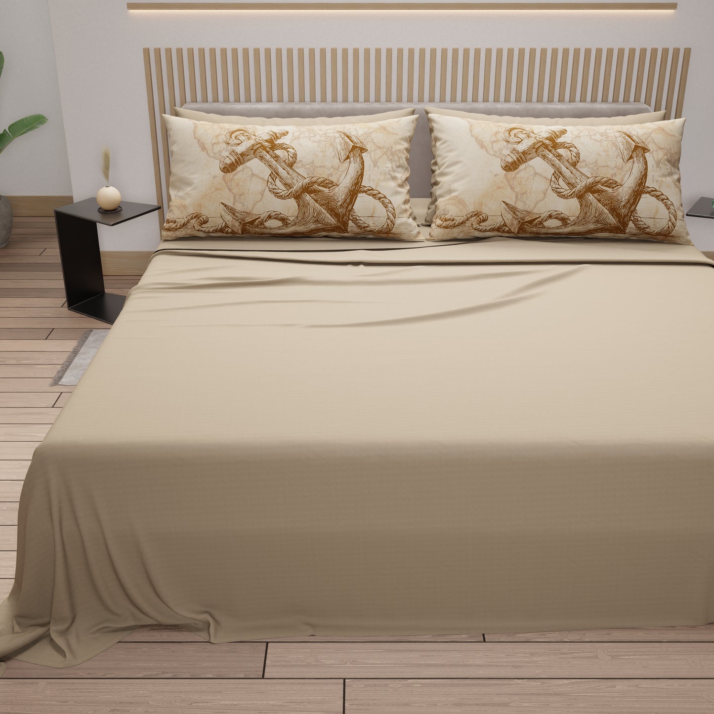 Lenzuola in Cotone, Completo Letto con Federe in Stampa Digitale Sailor 13 Beige