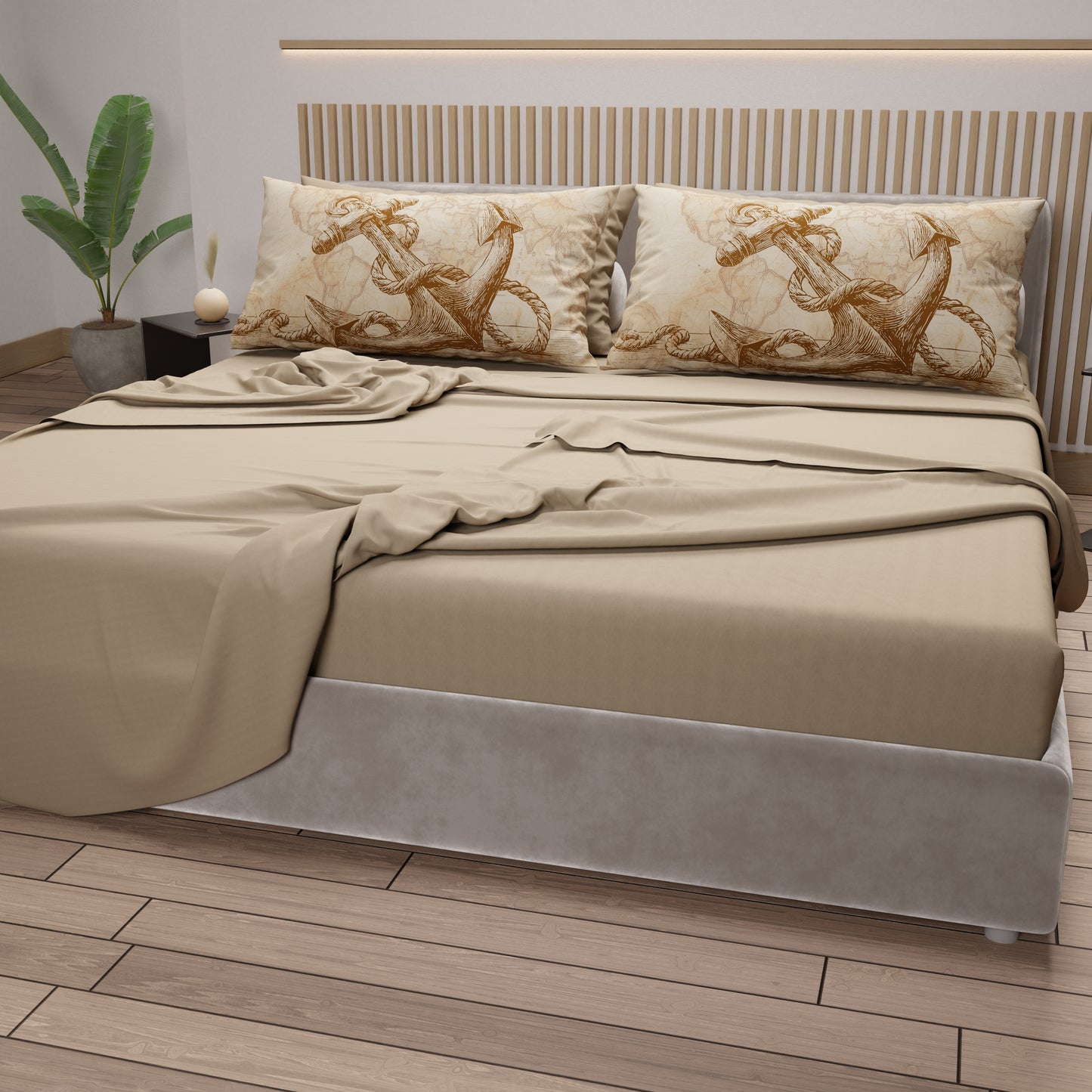 Lenzuola in Cotone, Completo Letto con Federe in Stampa Digitale Sailor 13 Beige