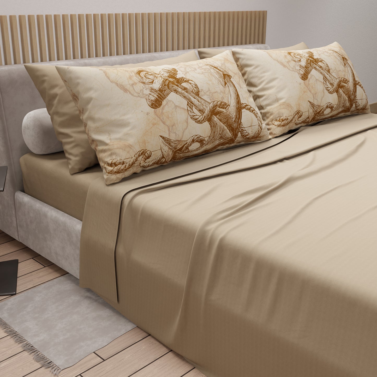 Lenzuola in Cotone, Completo Letto con Federe in Stampa Digitale Sailor 13 Beige