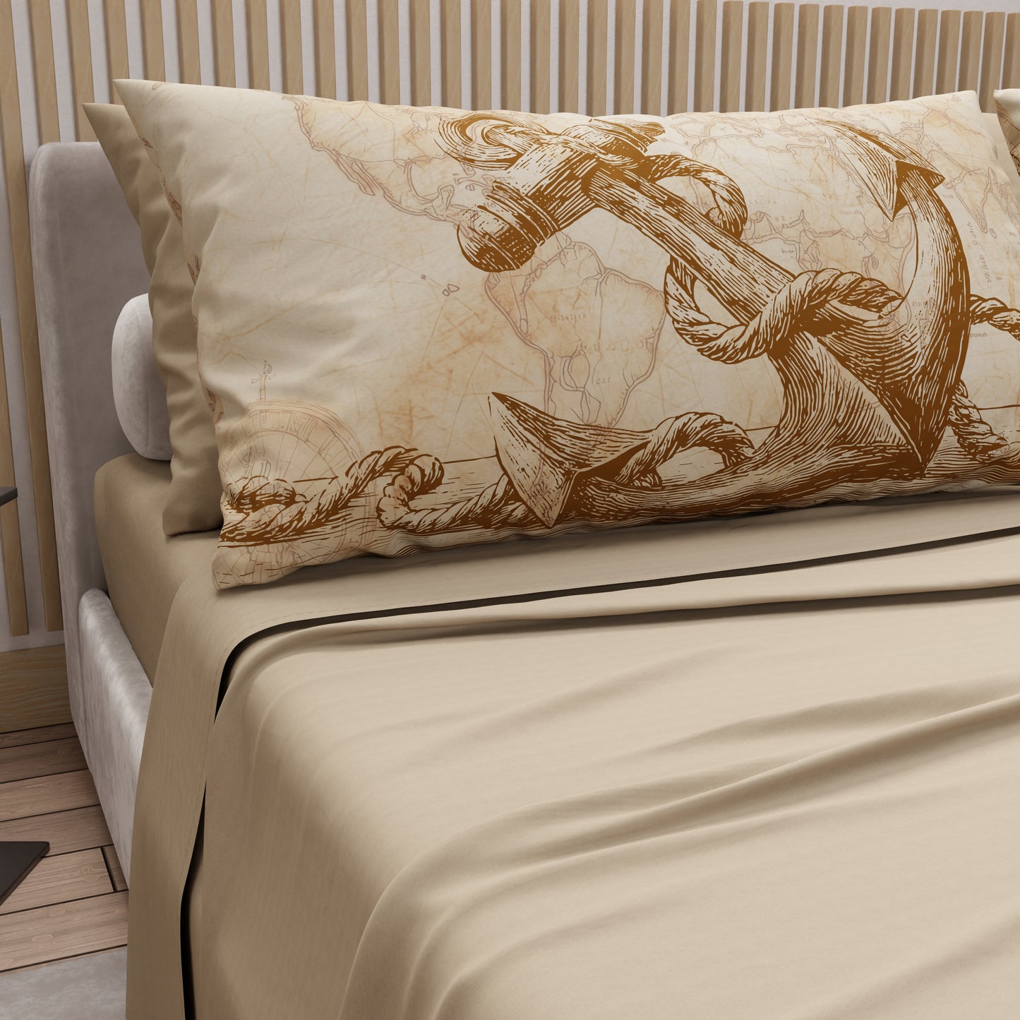 Lenzuola in Cotone, Completo Letto con Federe in Stampa Digitale Sailor 13 Beige