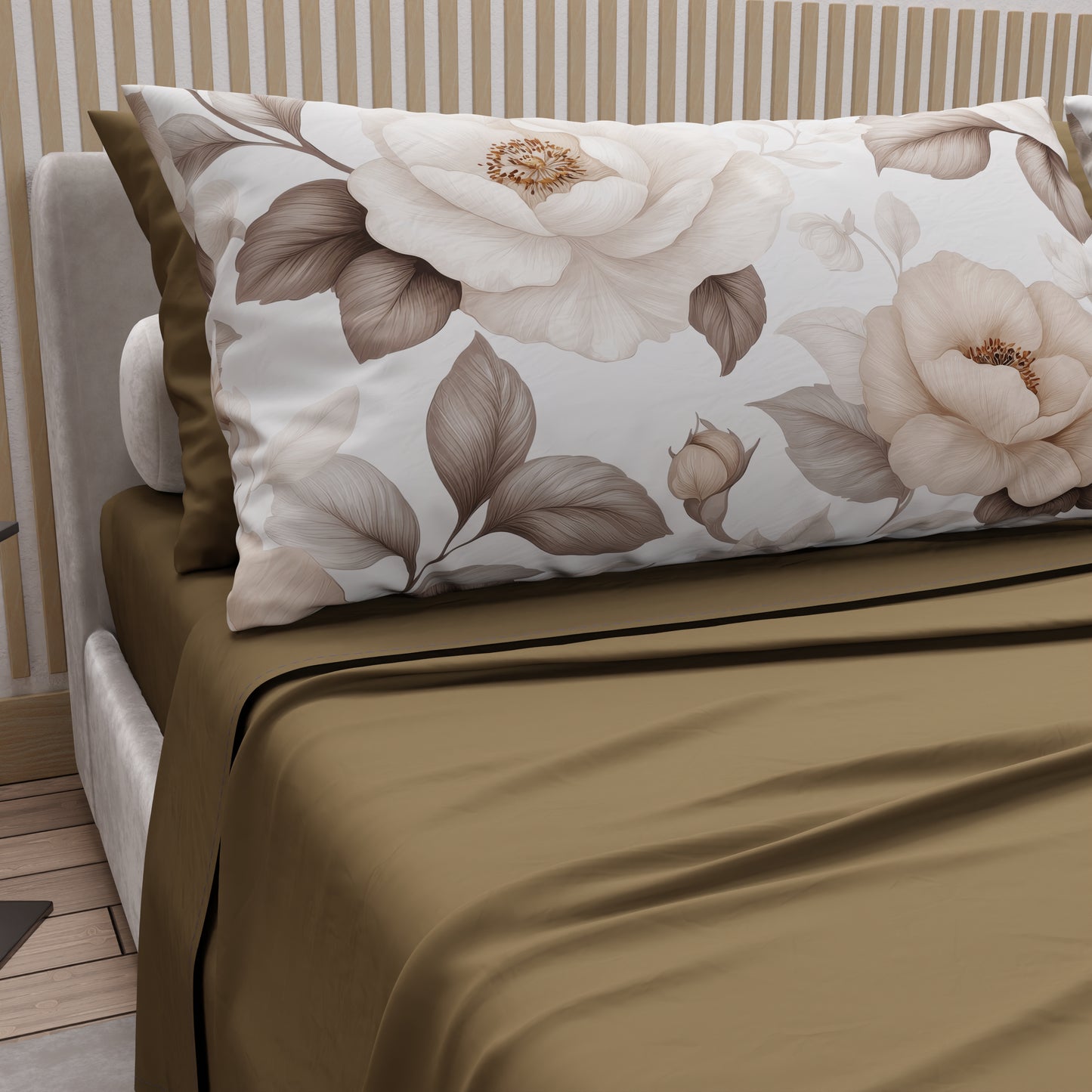 Lenzuola in Cotone, Completo Letto con Federe in Stampa Digitale Floreale Mar-02 Fango