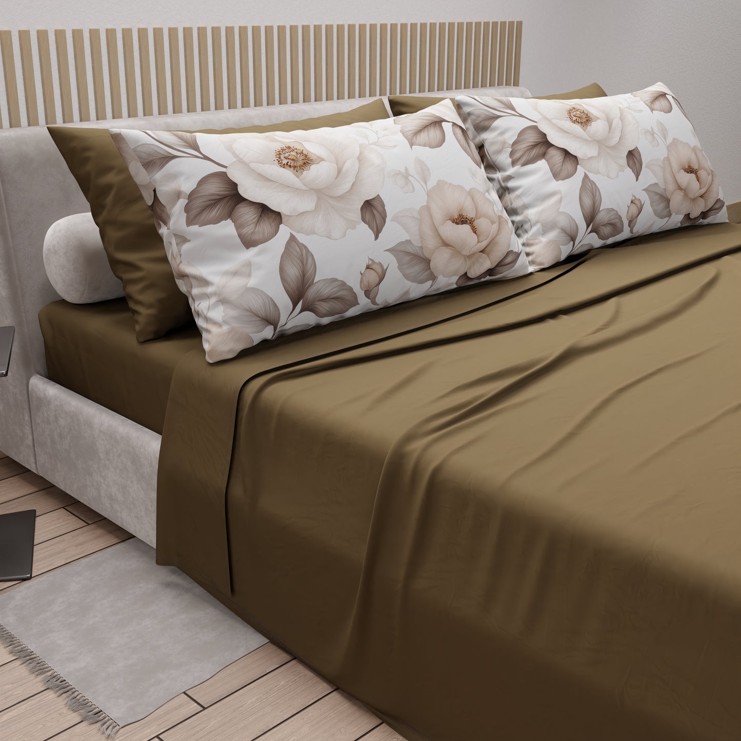 Lenzuola in Cotone, Completo Letto con Federe in Stampa Digitale Floreale Mar-02 Fango