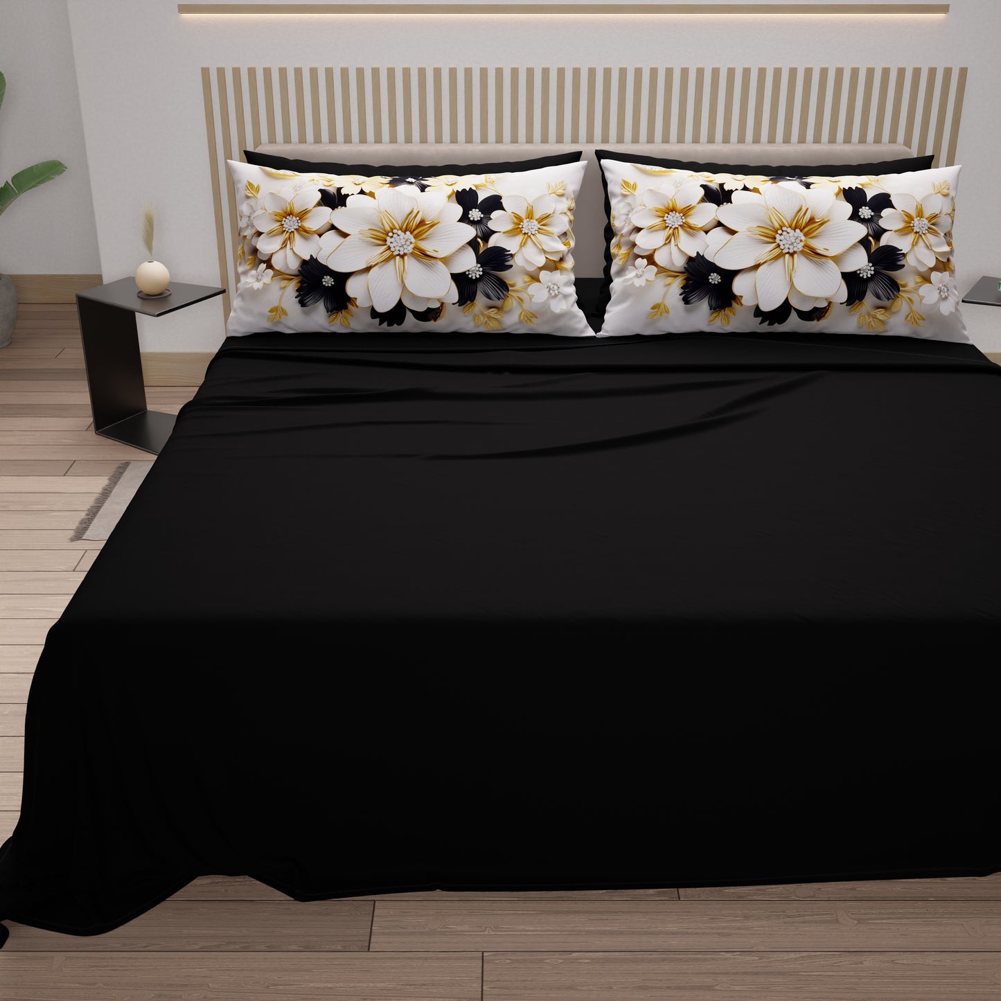 Lenzuola in Cotone, Completo Letto con Federe in Stampa Digitale Flower Ceramic Nero