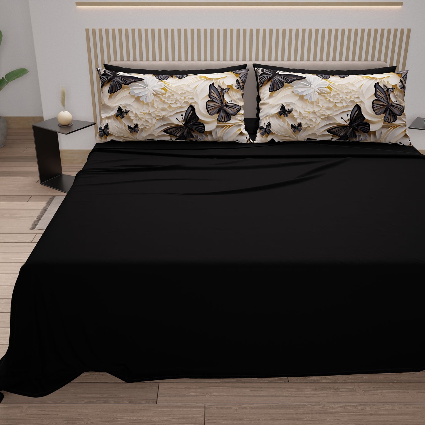 Draps en Coton, Parure de Lit avec Taies d'Oreiller en Impression Numérique Mariposa 05 Noir