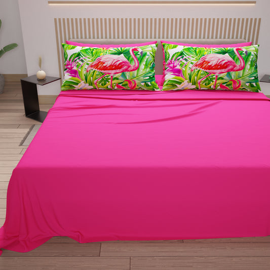 Draps en Coton, Parure de Lit avec Taies d'Oreiller en Impression Numérique Flamant
