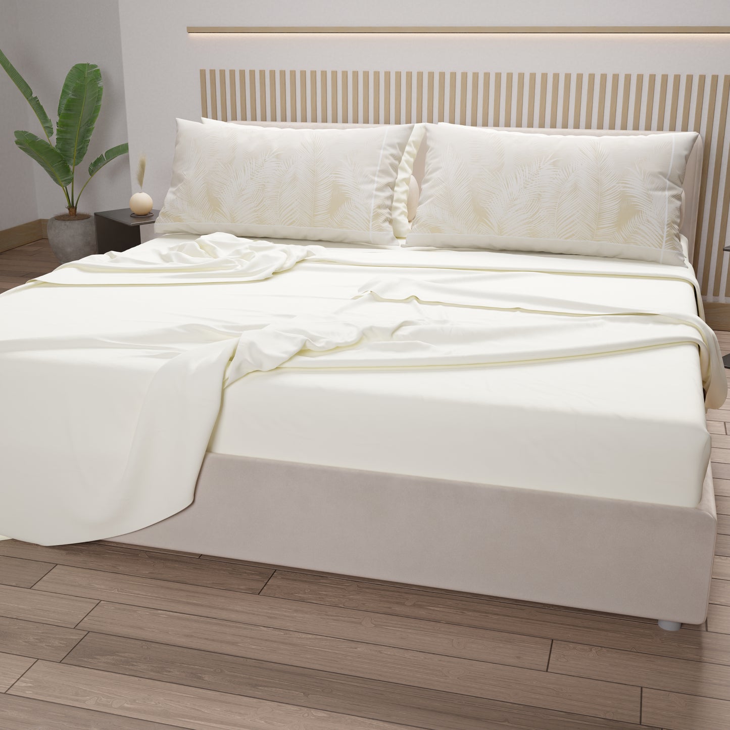 Draps en Coton, Parure de Lit avec Taies d'Oreiller en Impression Numérique Feuille Taupe