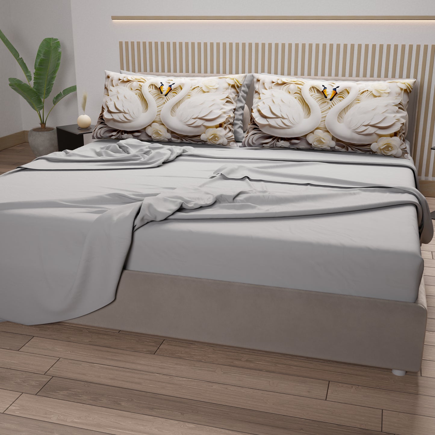 Lenzuola in Cotone, Completo Letto con Federe in Stampa Digitale Cigni