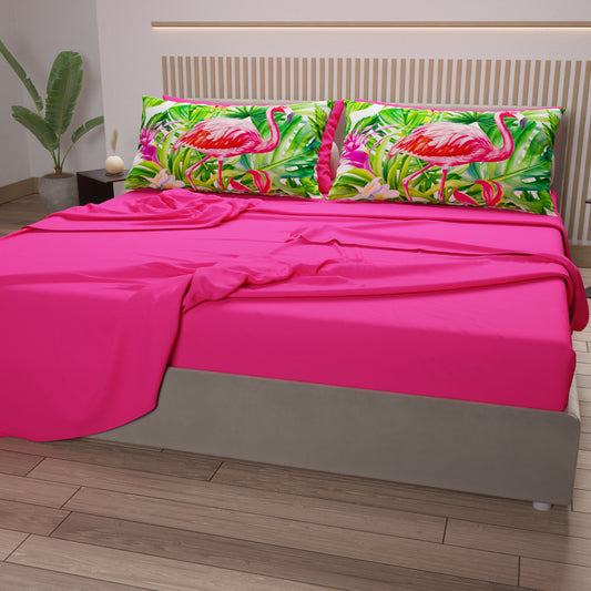 Draps en Coton, Parure de Lit avec Taies d'Oreiller en Impression Numérique Flamant