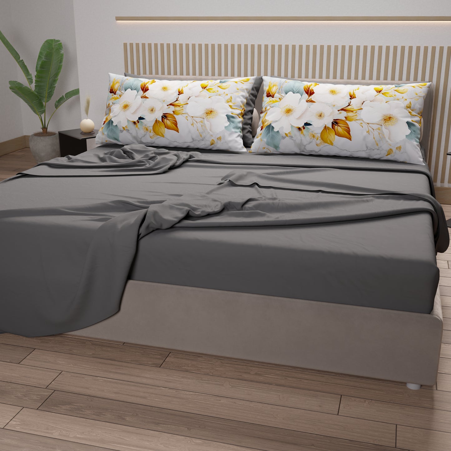 Lenzuola in Cotone, Completo Letto con Federe in Stampa Digitale Flower Ceramic 01 Grigio Scuro