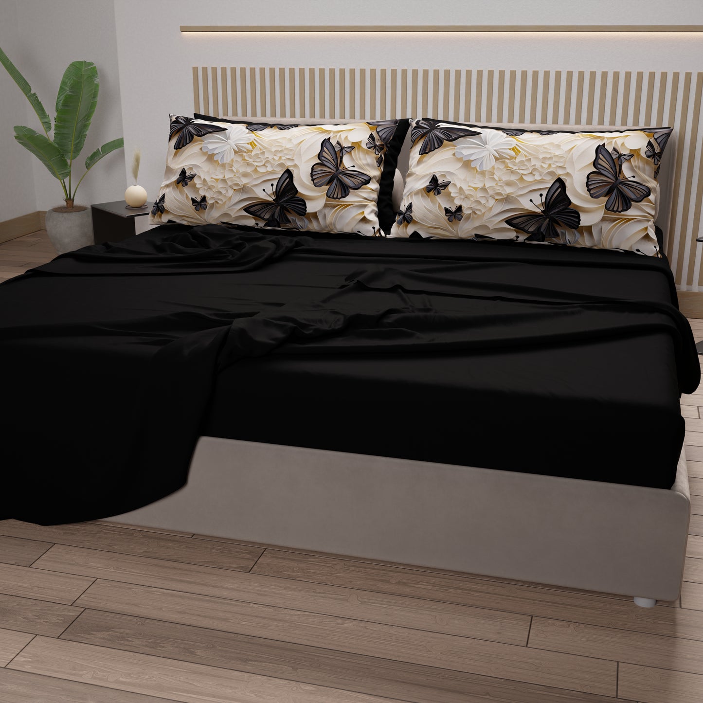 Draps en Coton, Parure de Lit avec Taies d'Oreiller en Impression Numérique Mariposa 05 Noir
