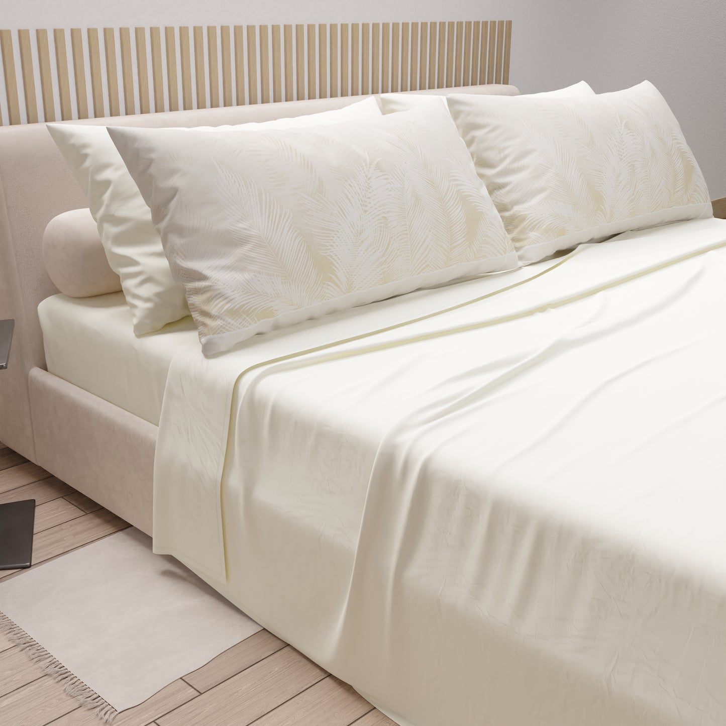 Draps en Coton, Parure de Lit avec Taies d'Oreiller en Impression Numérique Feuille Taupe