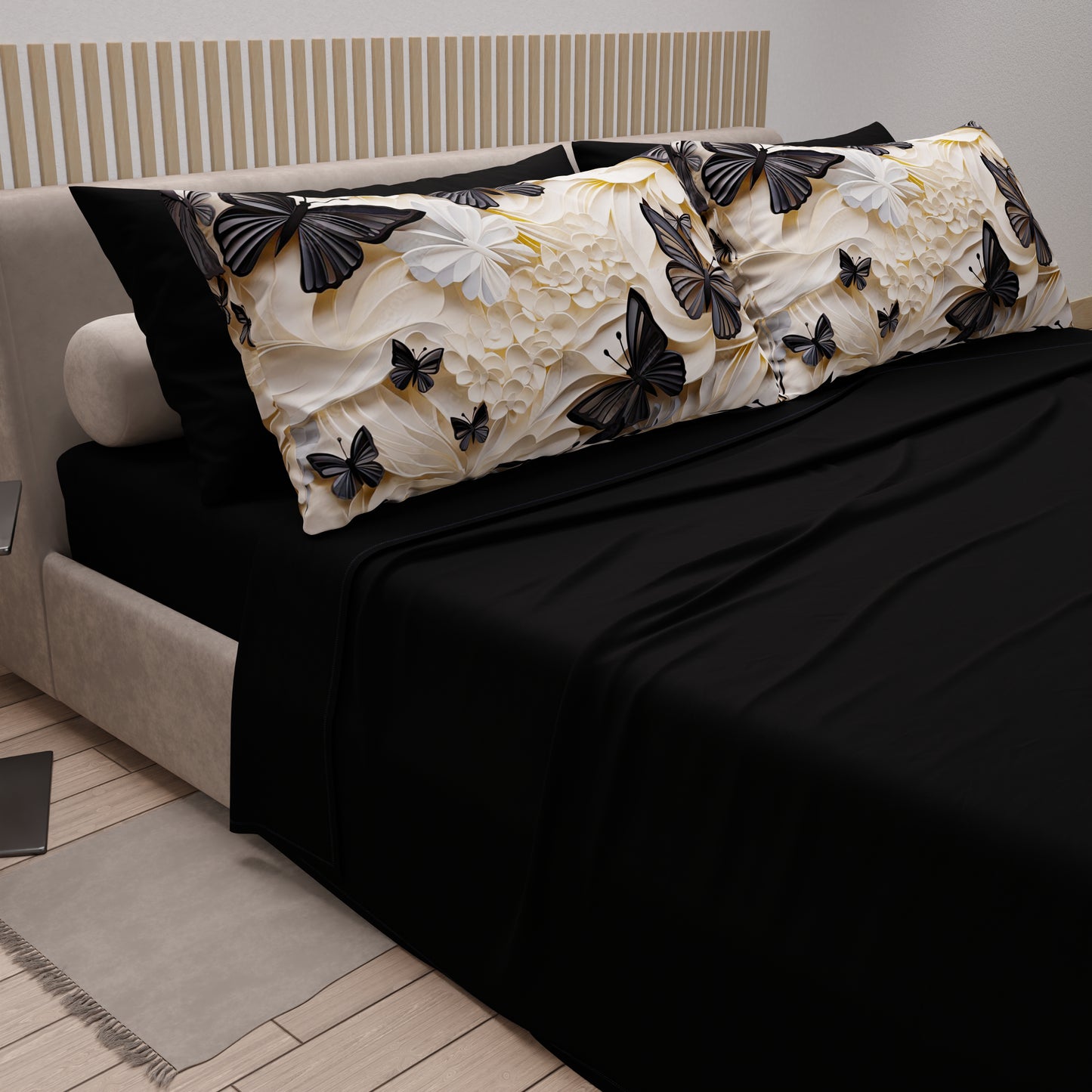 Draps en Coton, Parure de Lit avec Taies d'Oreiller en Impression Numérique Mariposa 05 Noir