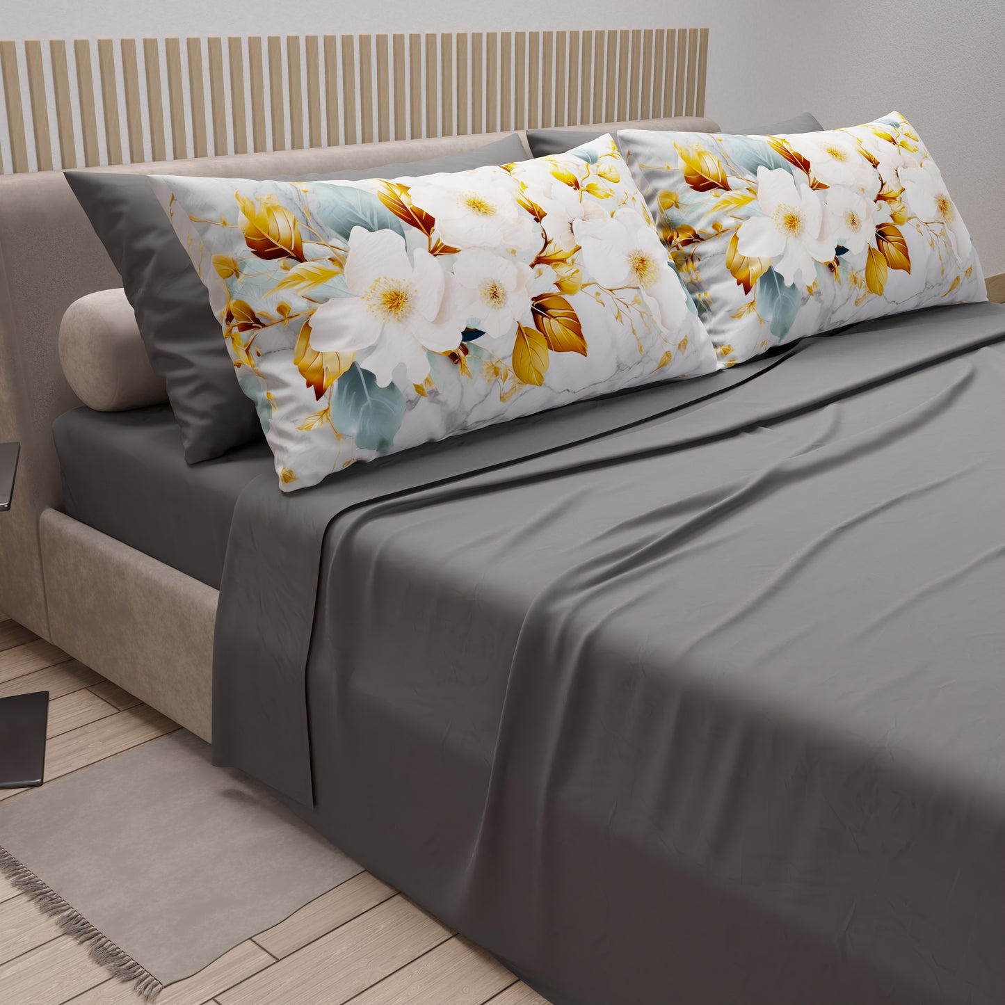 Lenzuola in Cotone, Completo Letto con Federe in Stampa Digitale Flower Ceramic 01 Grigio Scuro