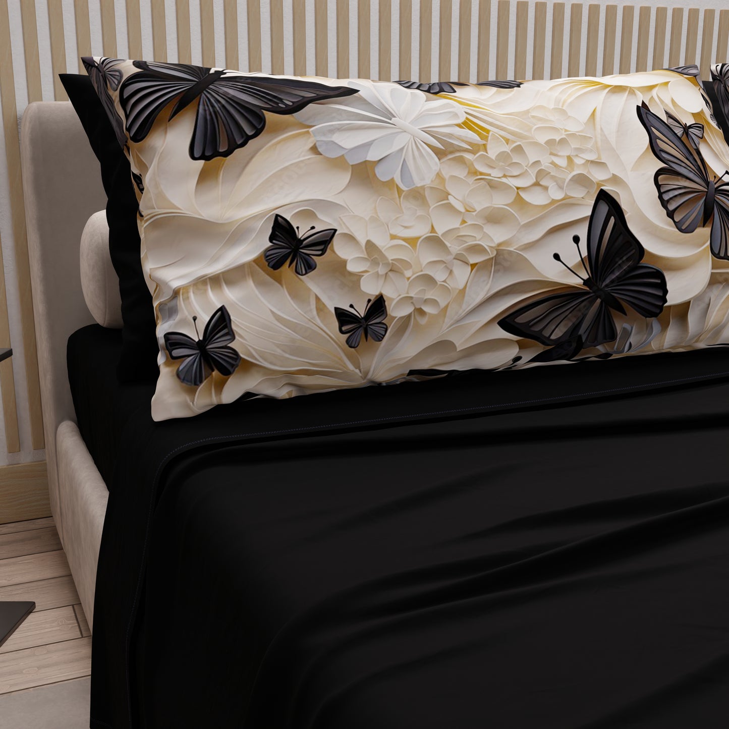 Draps en Coton, Parure de Lit avec Taies d'Oreiller en Impression Numérique Mariposa 05 Noir
