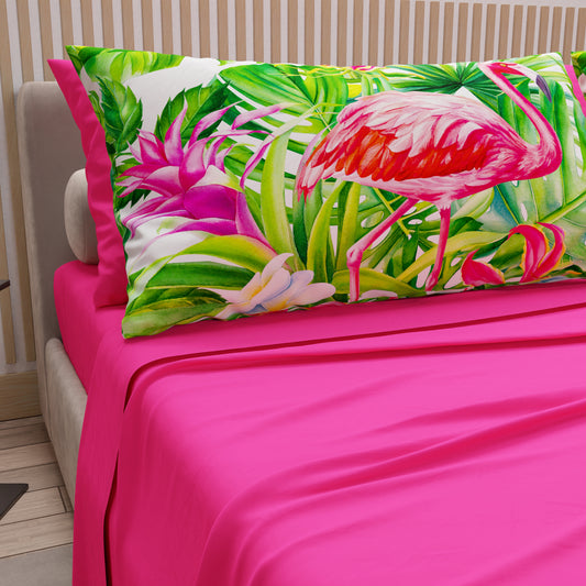 Draps en Coton, Parure de Lit avec Taies d'Oreiller en Impression Numérique Flamant