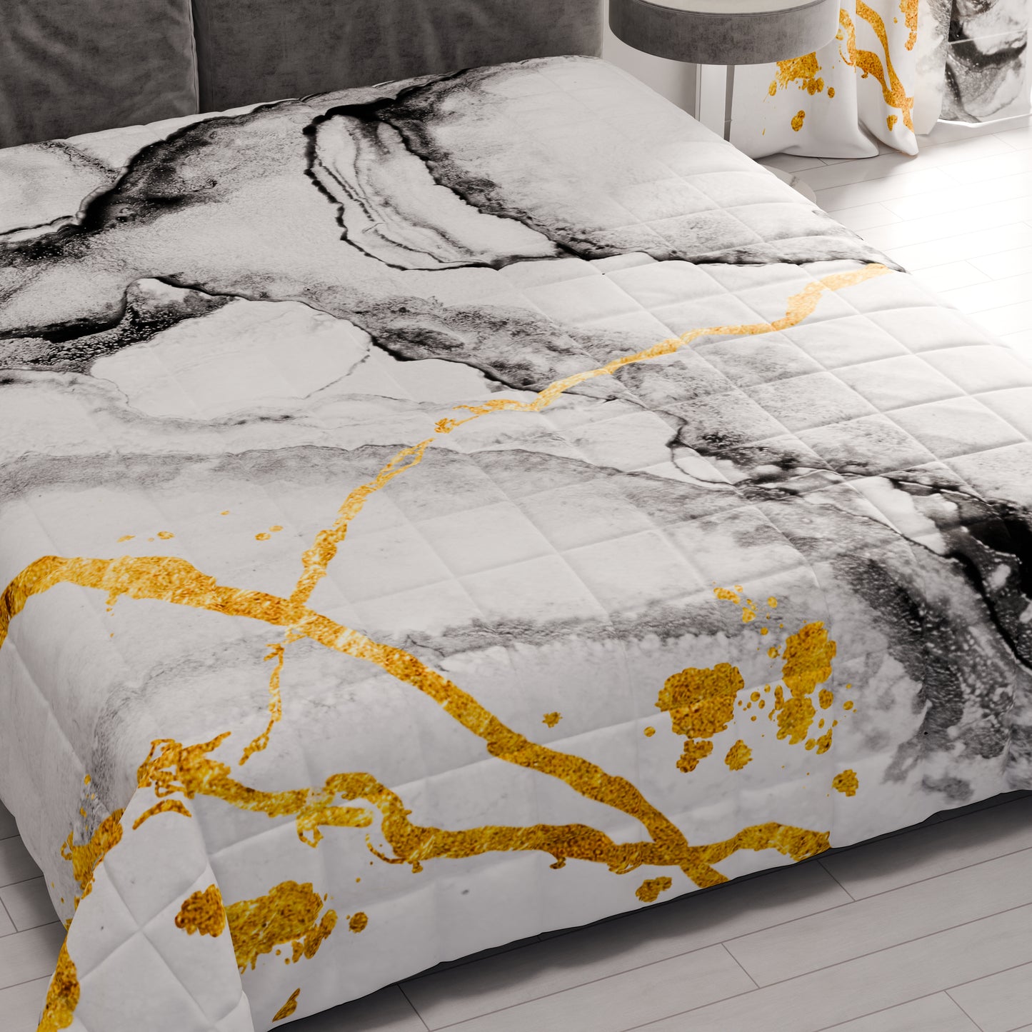 Trapuntino Copriletto Primaverile Autunnale in Stampa Digitale Marble Grigio Chiaro