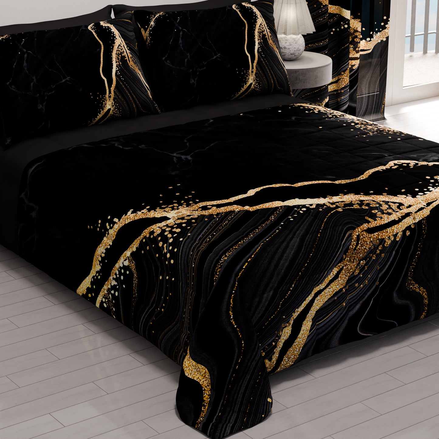 Trapuntino Copriletto Primaverile Autunnale in Stampa Digitale Marble 07 Nero